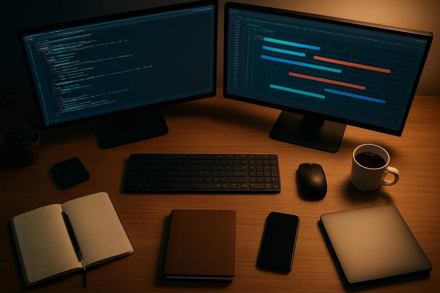 Overzicht van een georganiseerde werkplek met programmeersoftware.