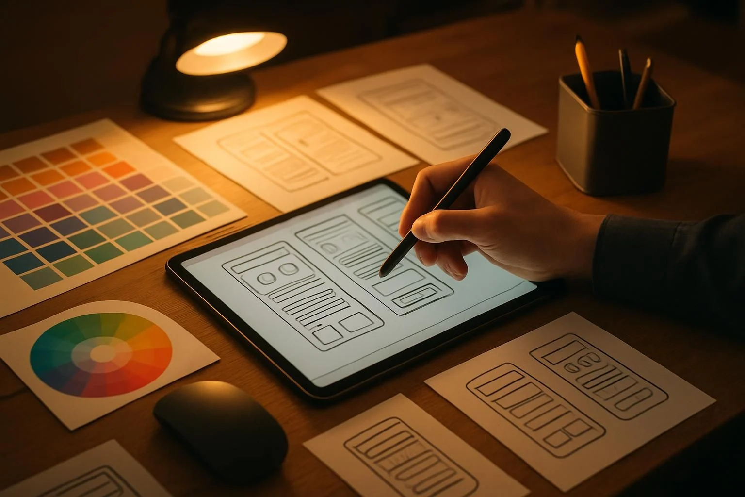 Ontwerper schetst applicatie-interfaces op een tablet.
