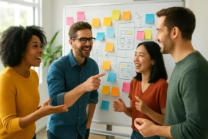Team brainstormt over ideeën voor een maatwerkapplicatie.