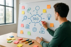 Persoon brainstormt over SEO-technieken