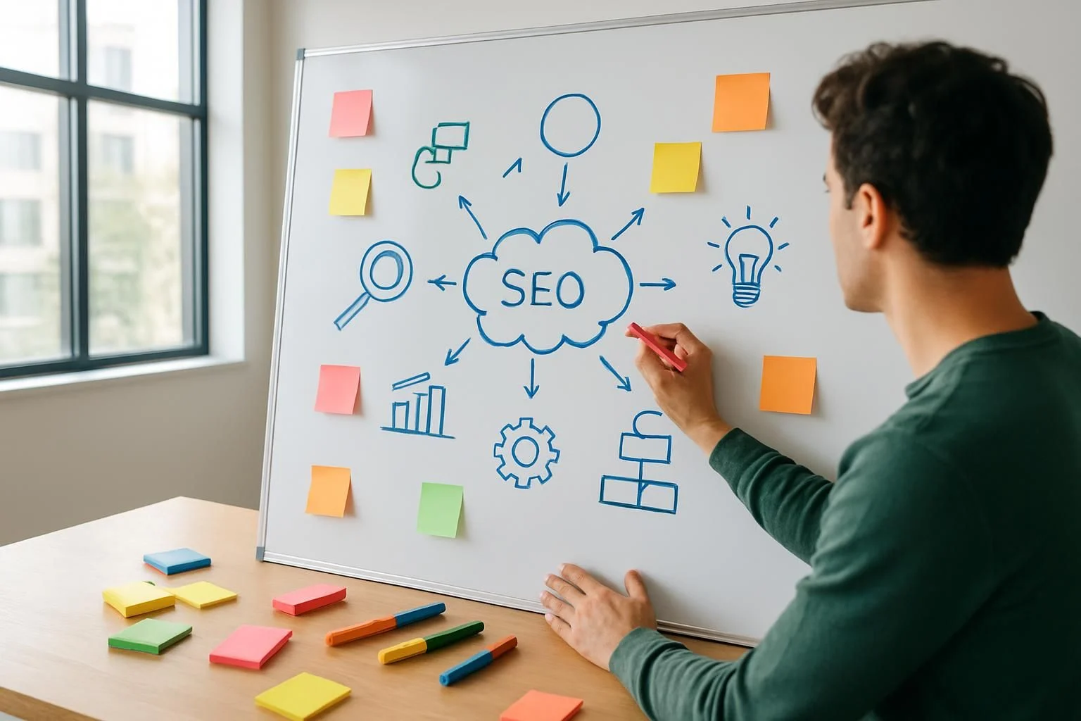 Persoon brainstormt over SEO-technieken