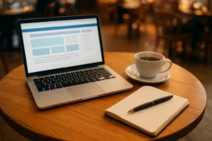 Laptop in een café met affiliate website builder