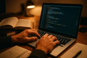 Handen programmeren met een laptop en boeken