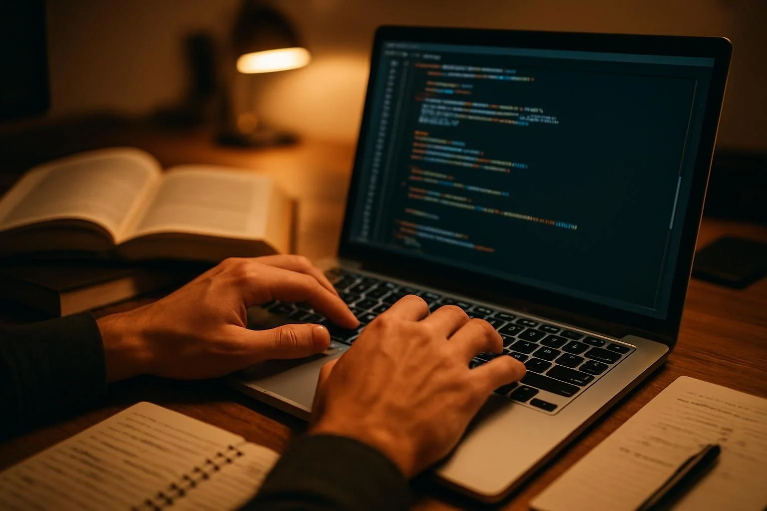 Handen programmeren met een laptop en boeken
