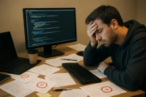 A messy desk with error logs and notes on troubleshooting affiliate platform APIs, with a tired developer nearby.