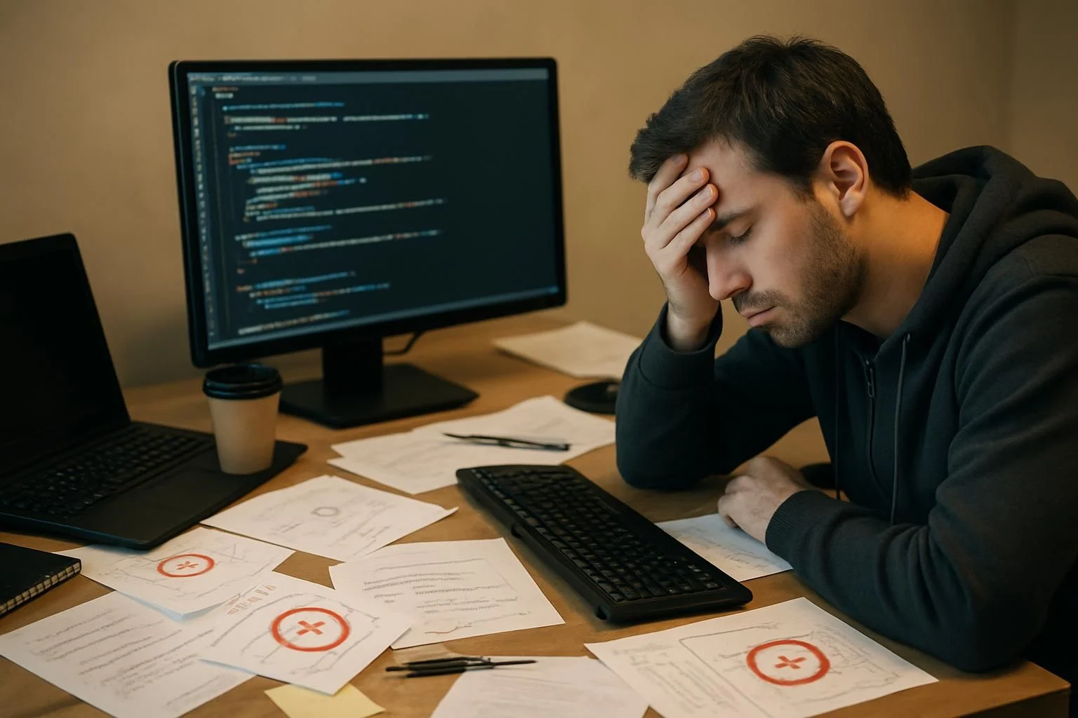 A messy desk with error logs and notes on troubleshooting affiliate platform APIs, with a tired developer nearby.