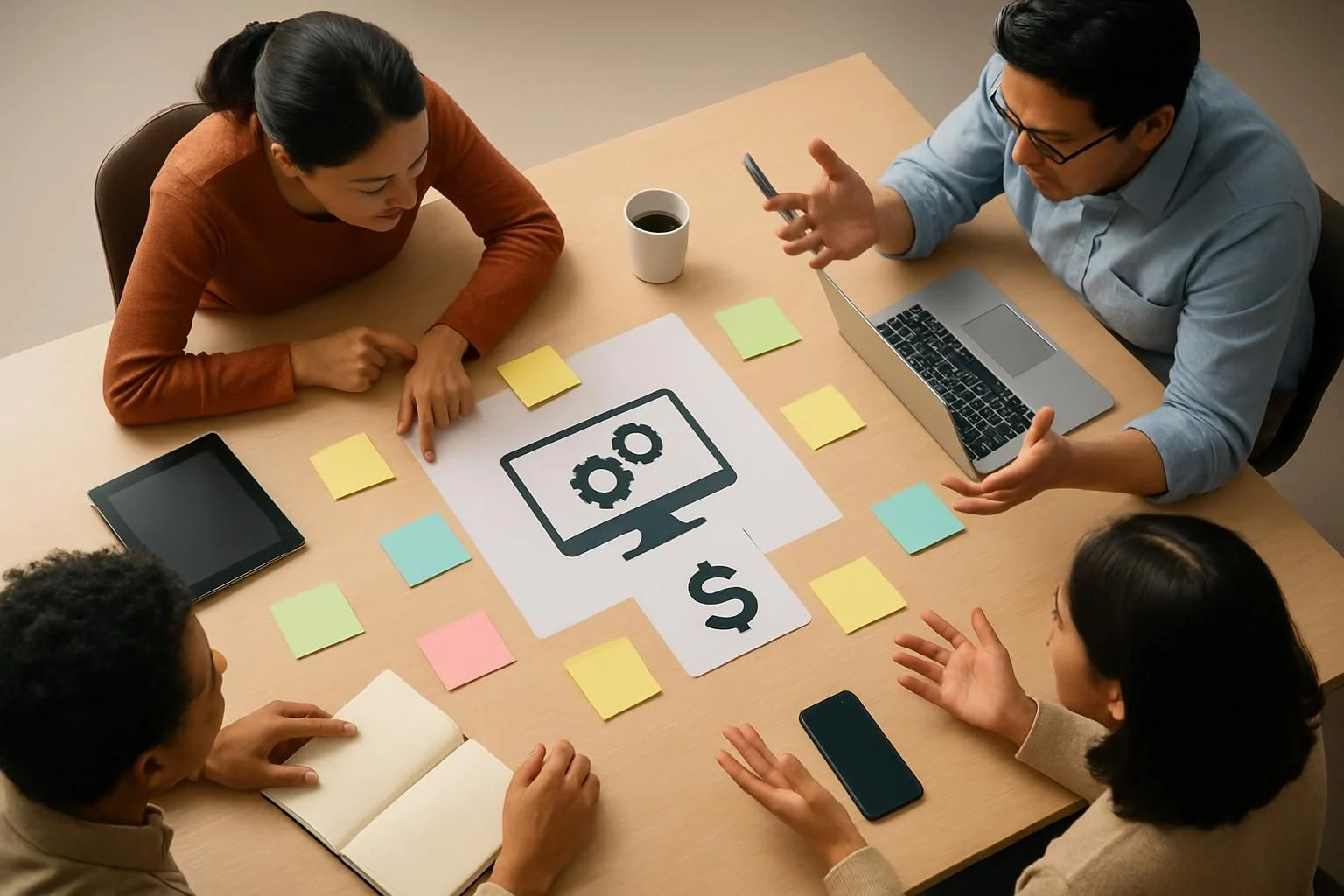 Team bespreekt software ontwikkelingskosten.