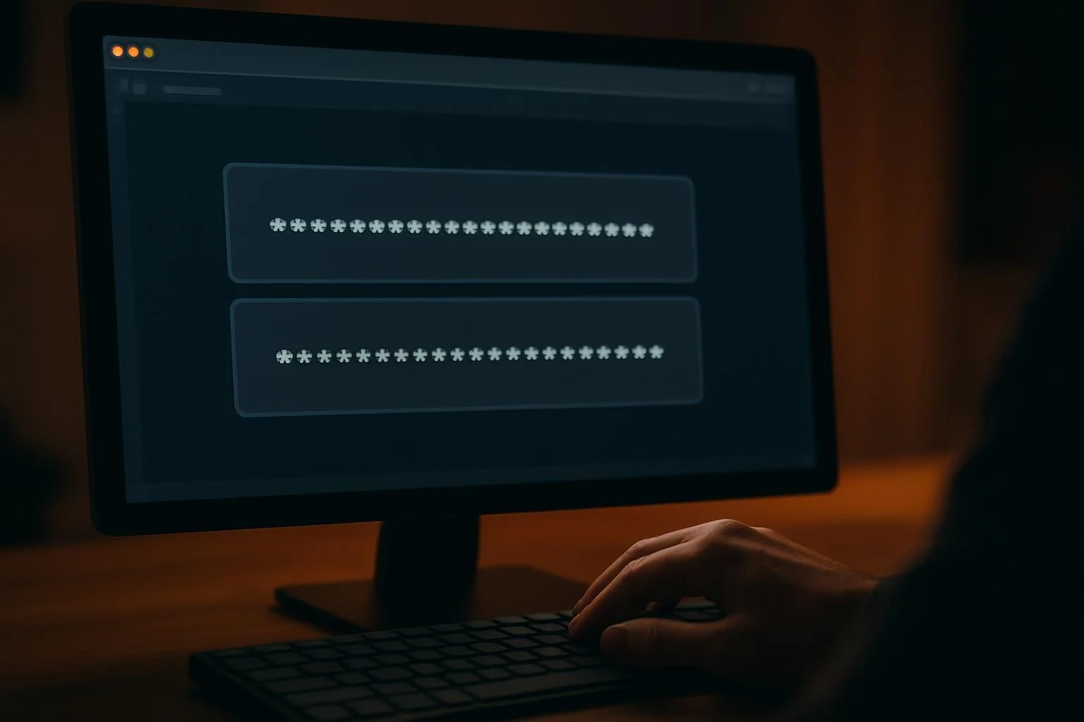Close-up of Amazon Affiliate API keys displayed on a computer screen, with a programmer's hand on the keyboard, dimmed a