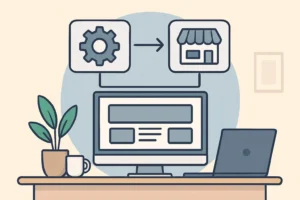 Illustration of a flowchart showing the integration process of the Amazon Affiliate API with a website, modern workspace