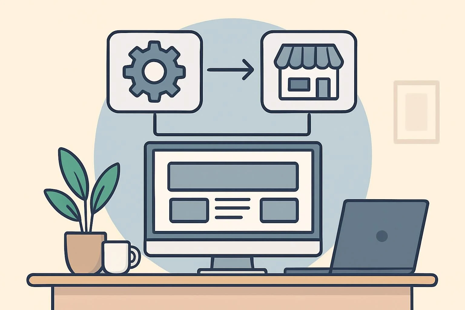 Illustration of a flowchart showing the integration process of the Amazon Affiliate API with a website, modern workspace