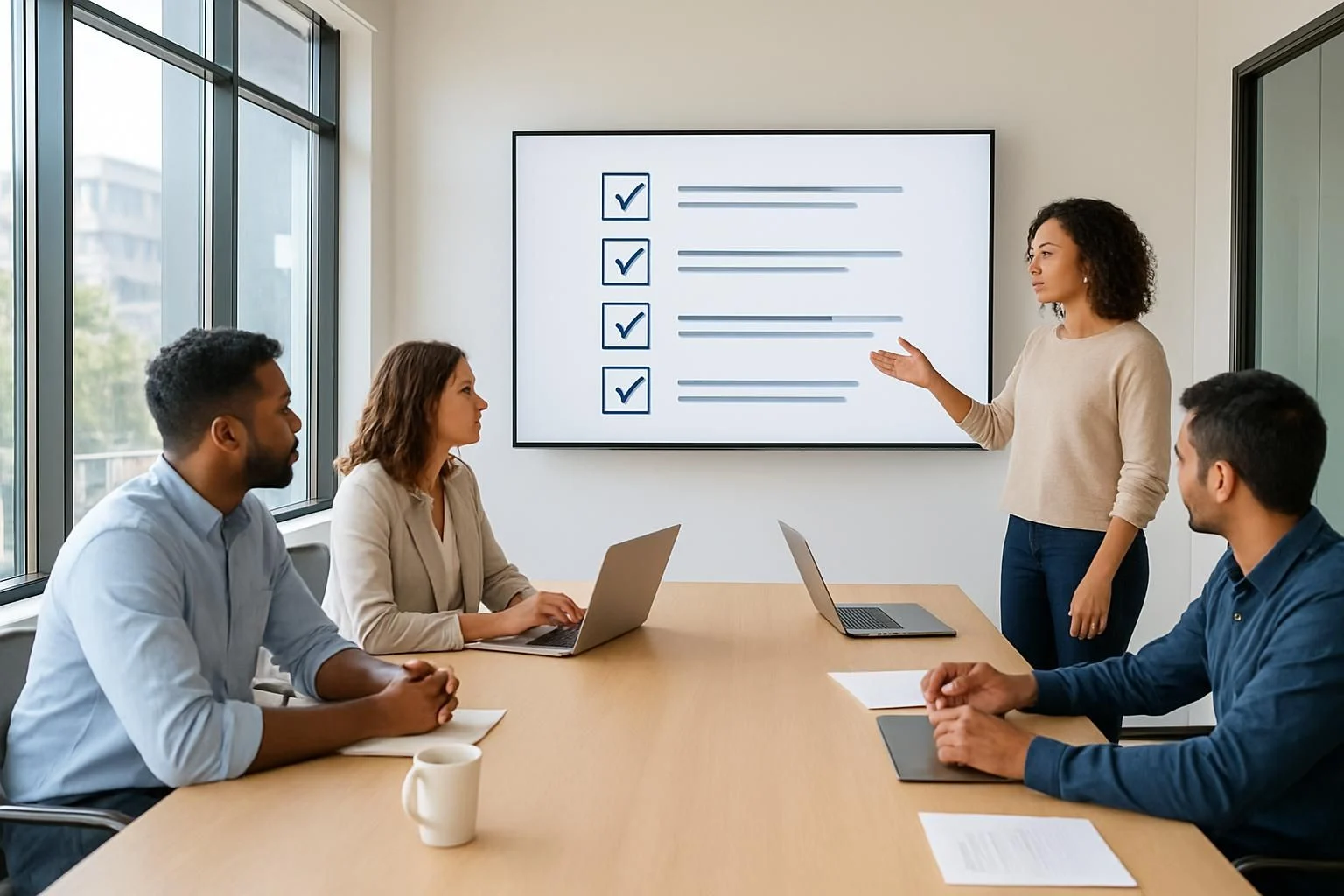 Team bespreekt de ontwikkelingschecklist in vergadering.