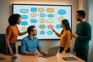 Team bespreekt applicatiearchitectuur op een digitaal bord