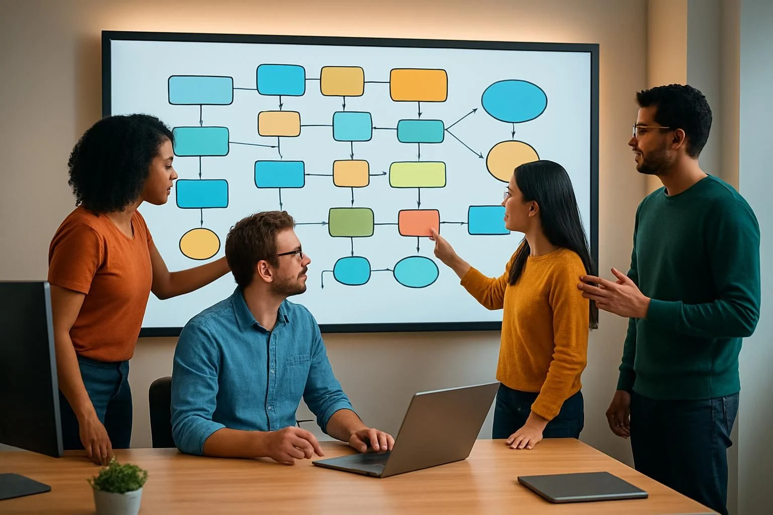 Team bespreekt applicatiearchitectuur op een digitaal bord