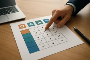 A close-up of a hand pointing at a comparison chart of affiliate platform APIs, on a conference table.