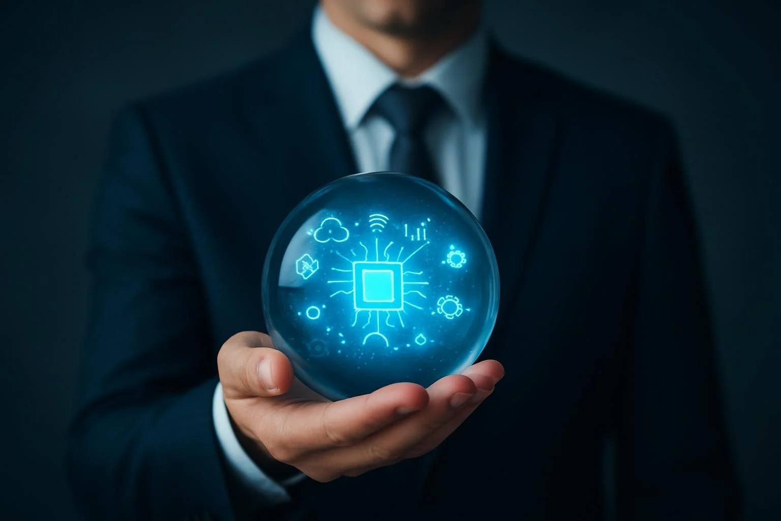 A businessperson holding a crystal ball, symbolizing future predictions in technology.