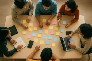 Team bespreekt software ontwikkelingskosten.