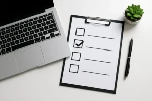 Illustration of a checklist for Amazon Affiliate API access requirements, on a clean, modern desk with a laptop
