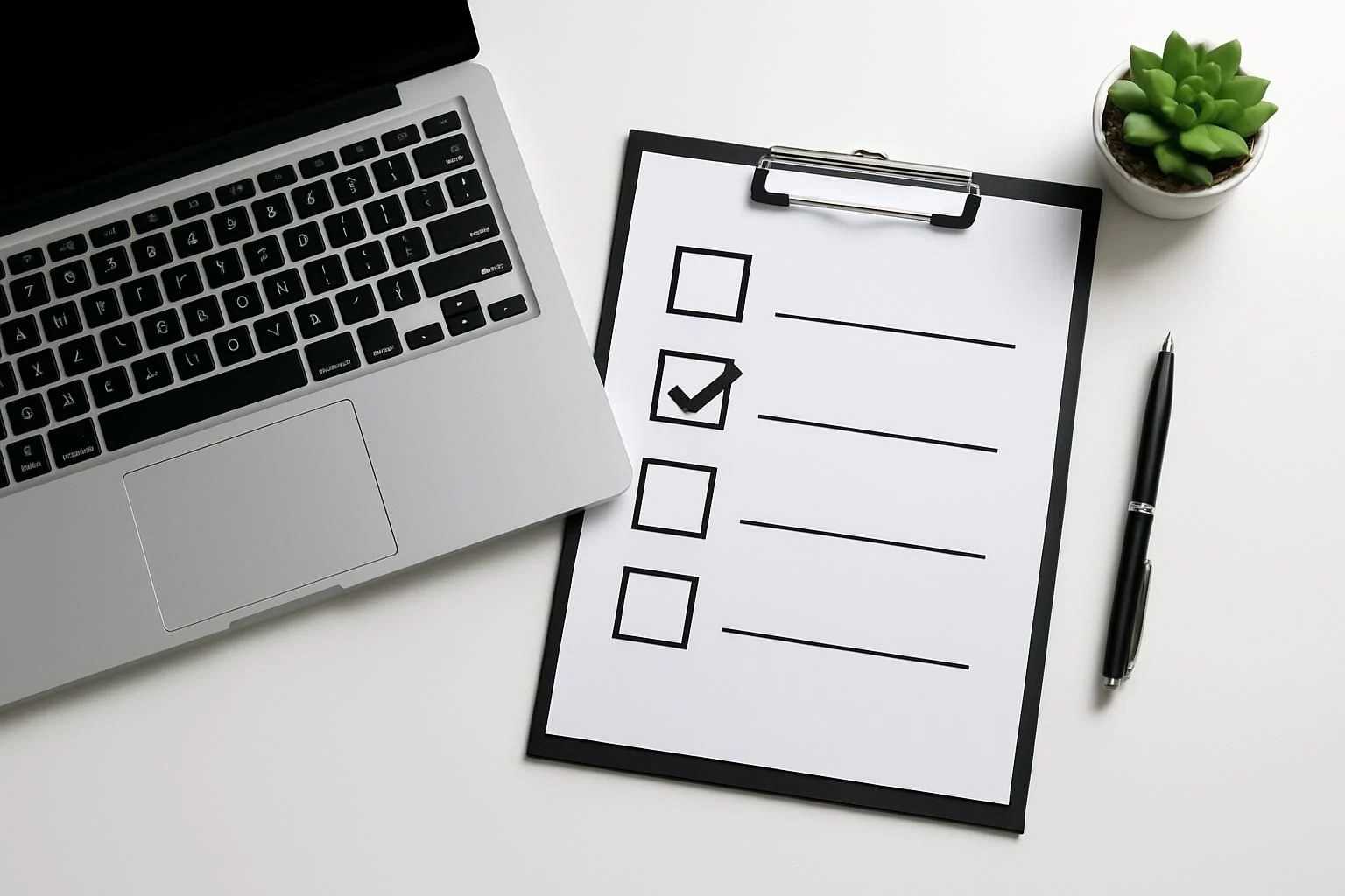 Illustration of a checklist for Amazon Affiliate API access requirements, on a clean, modern desk with a laptop