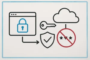 Diagram showing the security measures for protecting Amazon Affiliate API keys, presented on a digital whiteboard