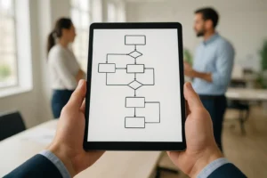 Projectmanager bespreekt de applicatie-ontwikkeling stappen.