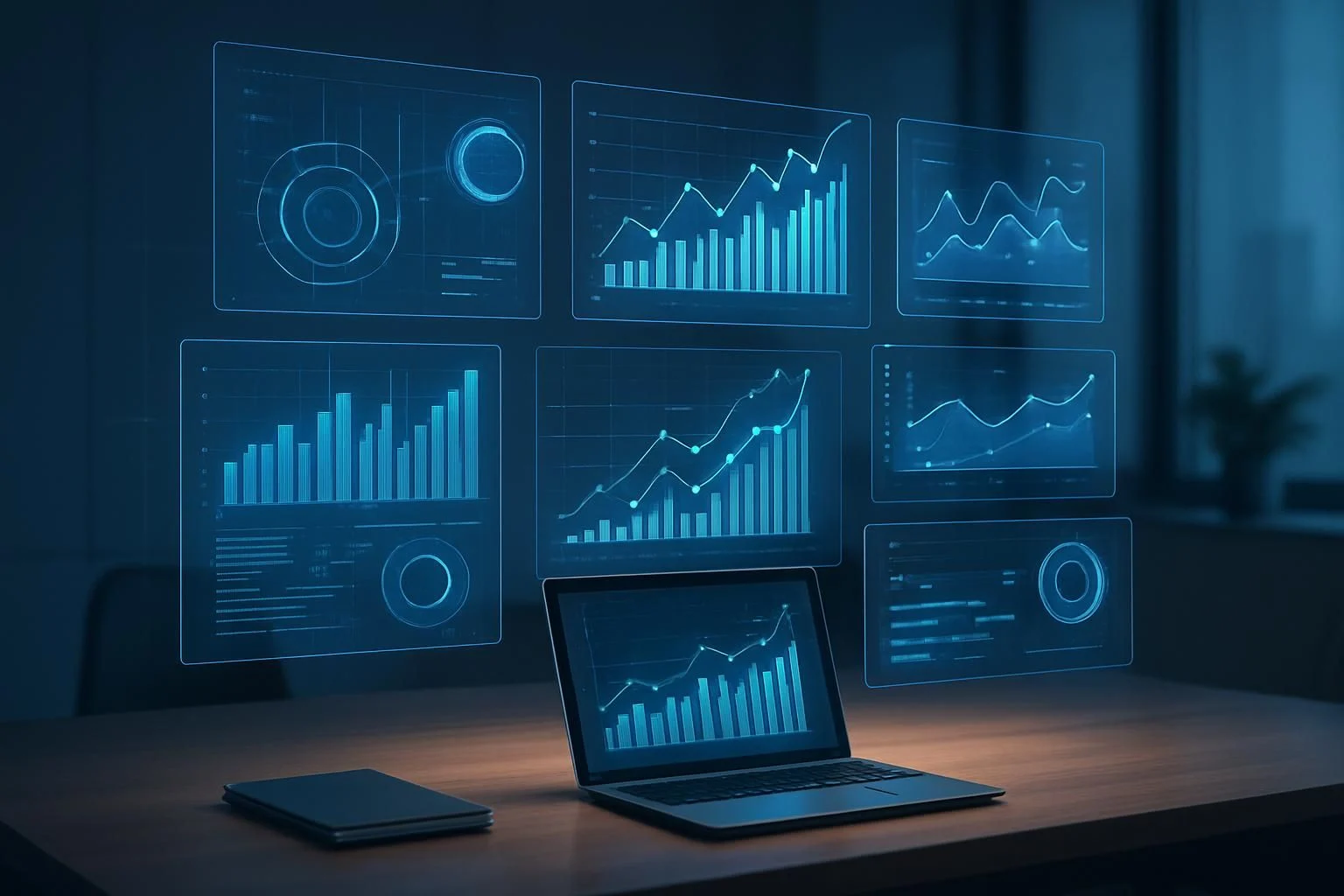 A conceptual image of futuristic digital interfaces and charts predicting API trends, in a modern workspace.
