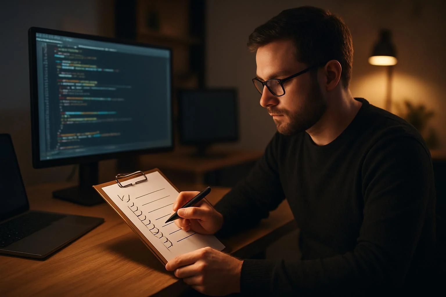 Developer checking off items on a technical checklist in a modern office, ambient lighting