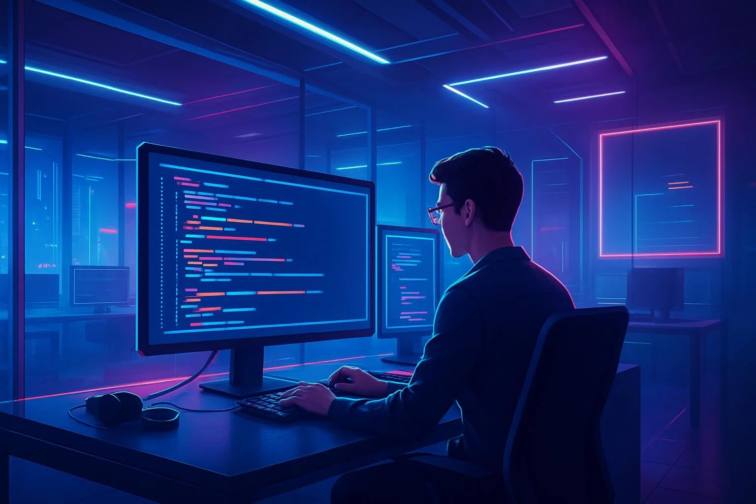 Futuristic office environment with a developer working on affiliate webdevelopment, neon lighting accents.