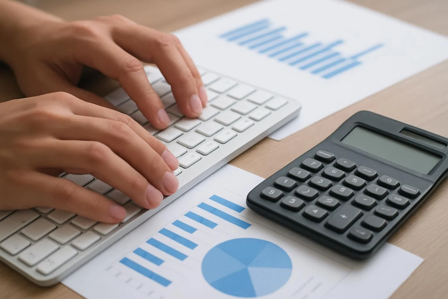A close-up of hands typing on a keyboard with a calculator and financial documents nearby.