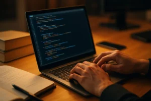 Handen programmeren met een laptop en boeken