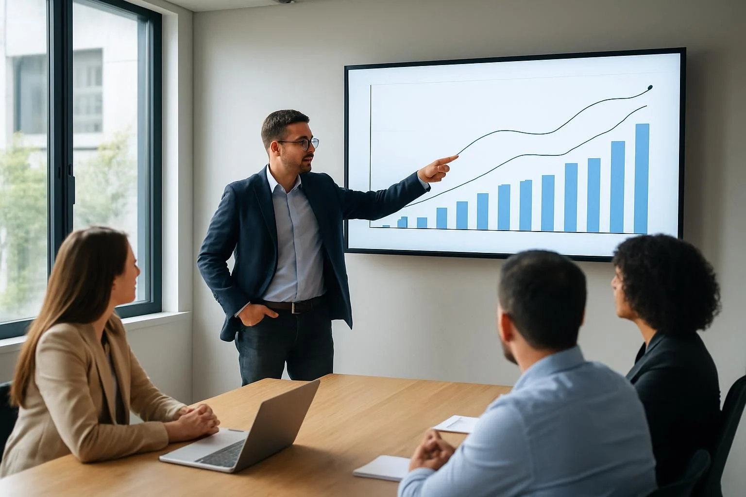 Projectmanager toont kostenprojecties op een scherm.