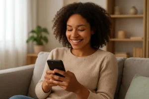 A satisfied customer using a mobile app with personalized offers driven by API data, in a relaxed environment.
