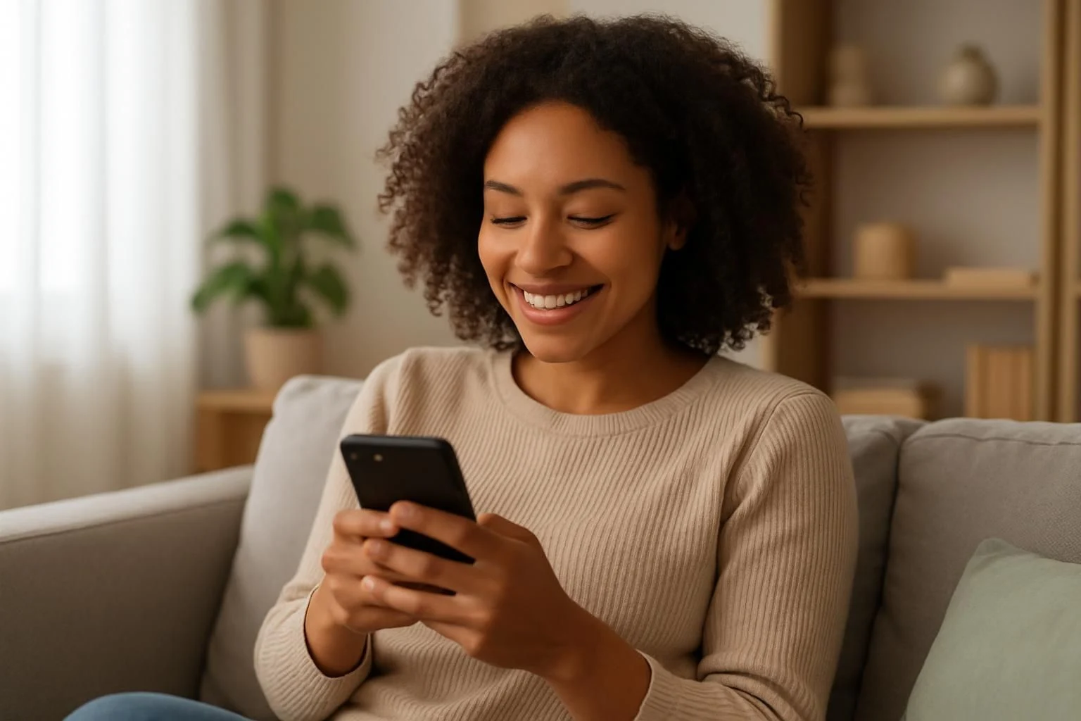 A satisfied customer using a mobile app with personalized offers driven by API data, in a relaxed environment.