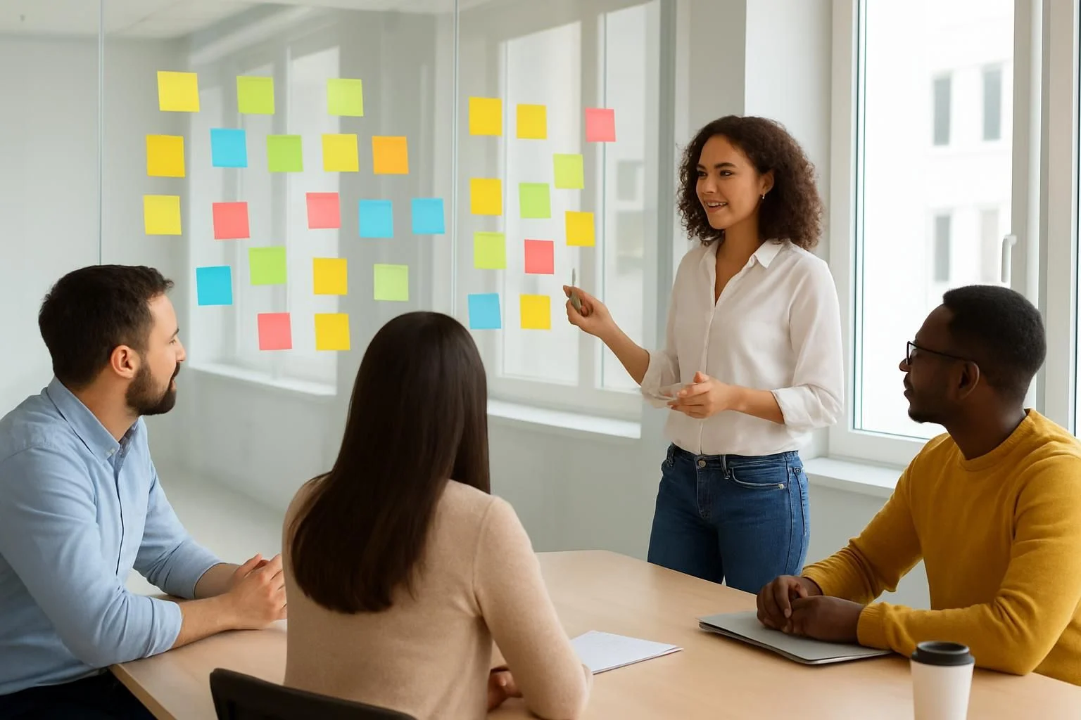Product brainstorming session in a bright conference room with sticky notes on a glass wall.