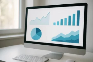 Close-up of SEO analytics dashboard with charts and graphs, soft daylight from a window.