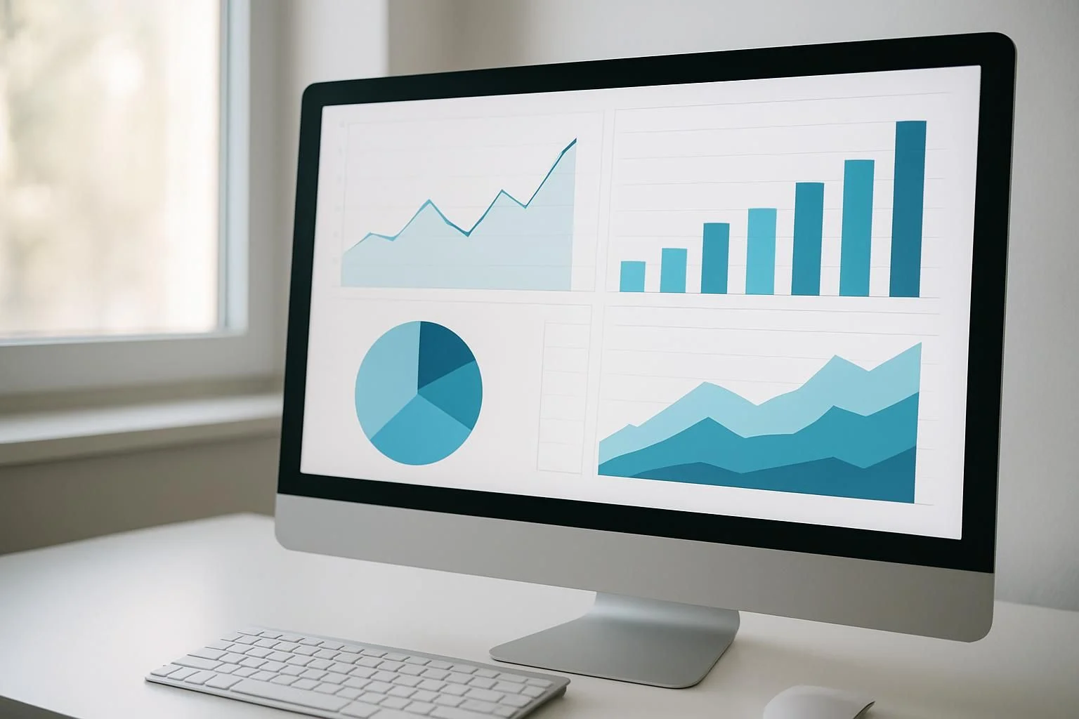 Close-up of SEO analytics dashboard with charts and graphs, soft daylight from a window.