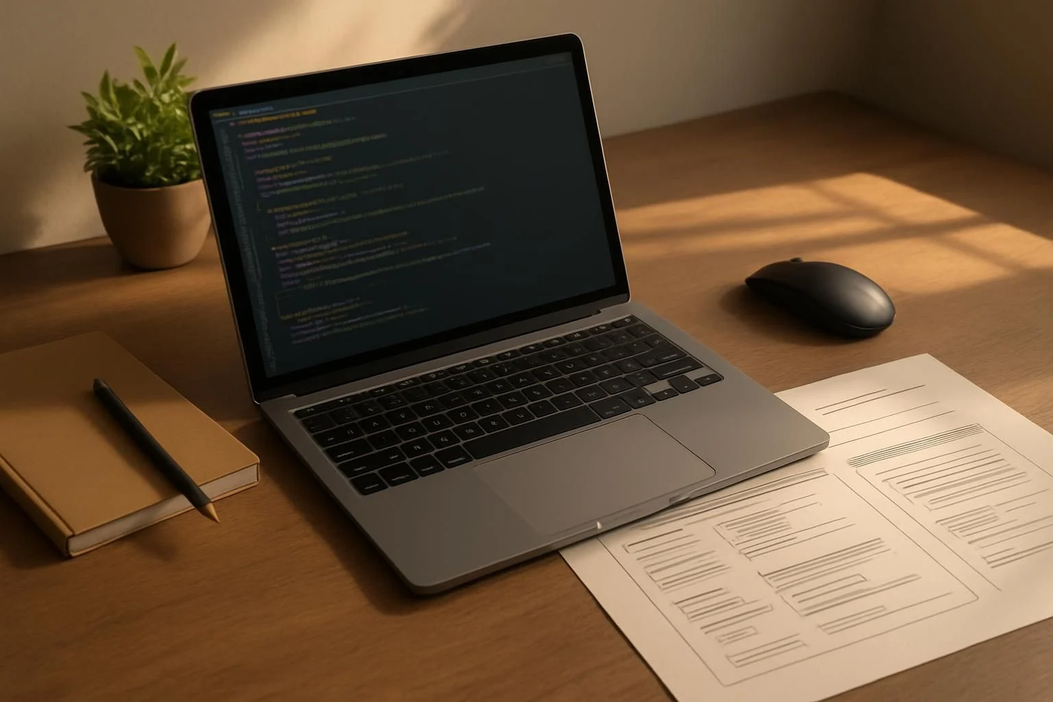 A developer's desk with code on the screen and API documentation next to a laptop, soft afternoon light.