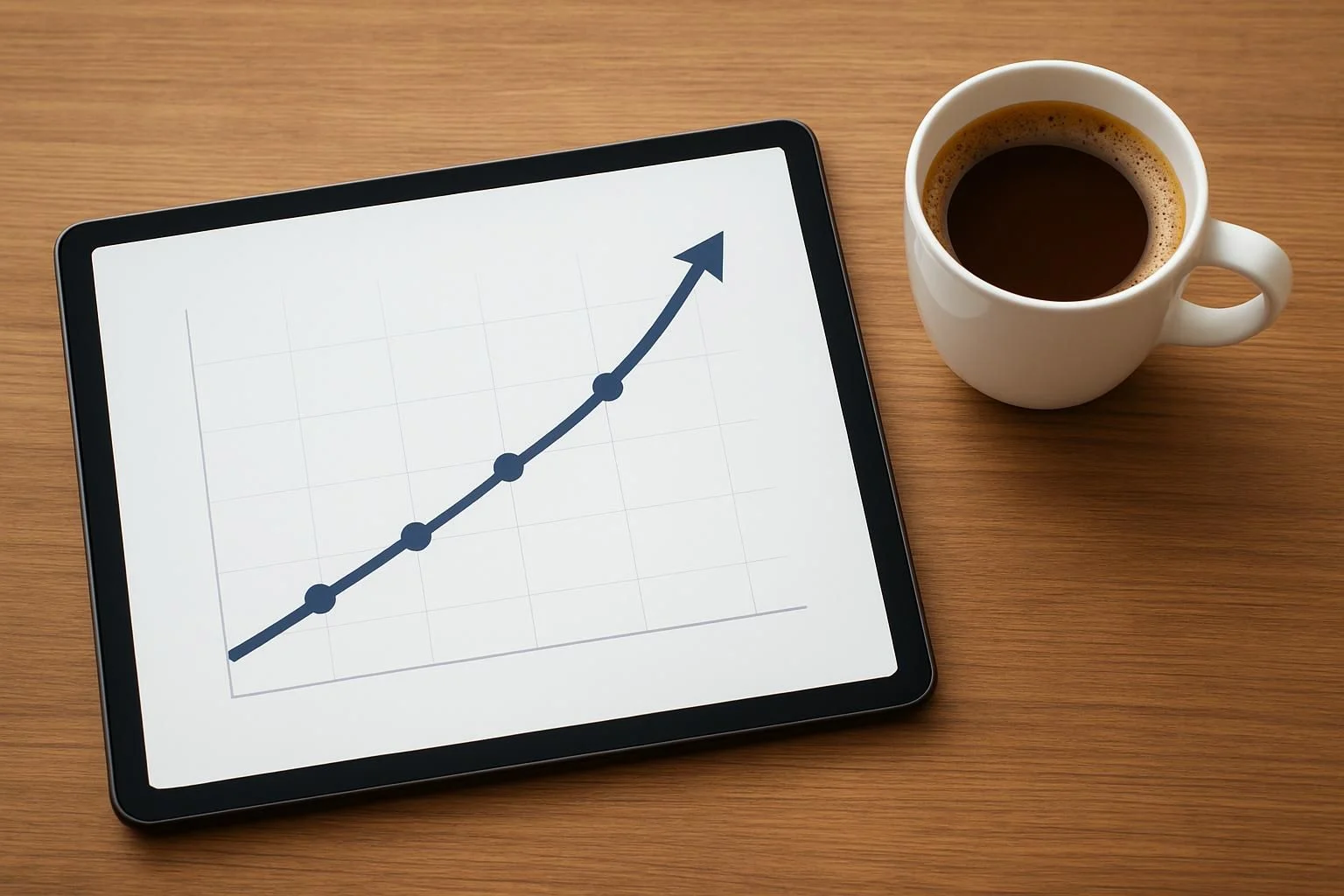 A graph showing increasing conversion rates on a tablet, with a coffee cup beside it.