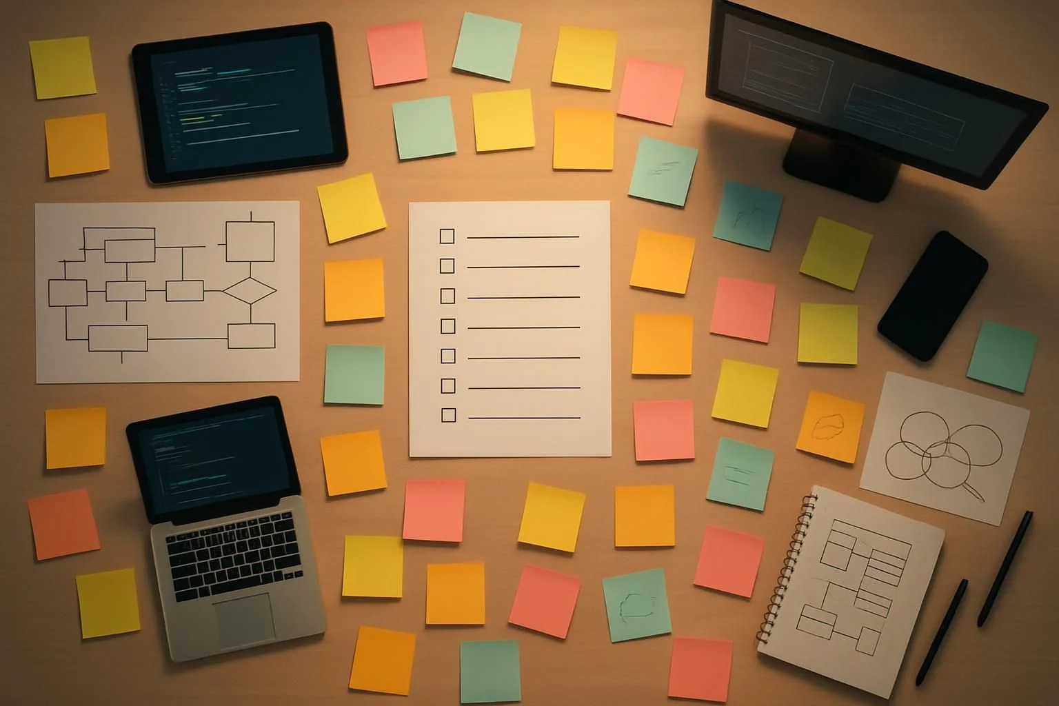 Creatieve chaos rond de softwareontwikkelingstafel.