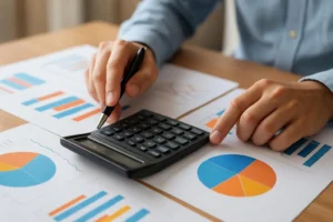 Persoon berekent kosten van maatwerk software.