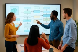 Team bespreekt applicatiearchitectuur op een digitaal bord