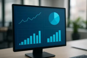 A close-up of a digital dashboard showing e-commerce metrics driven by API data, in an office environment.