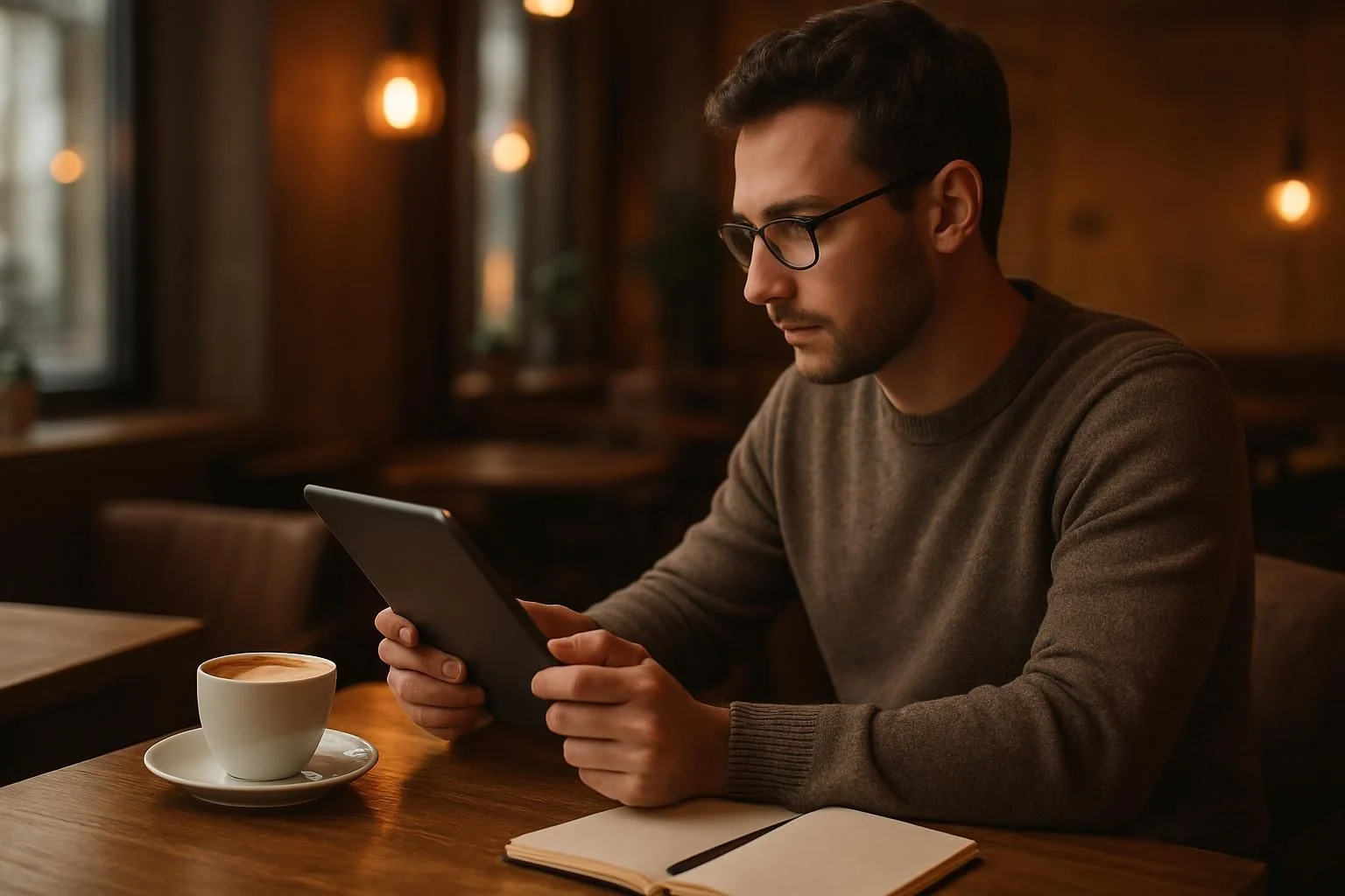 Marketeer bekijkt API-documentatie in een café