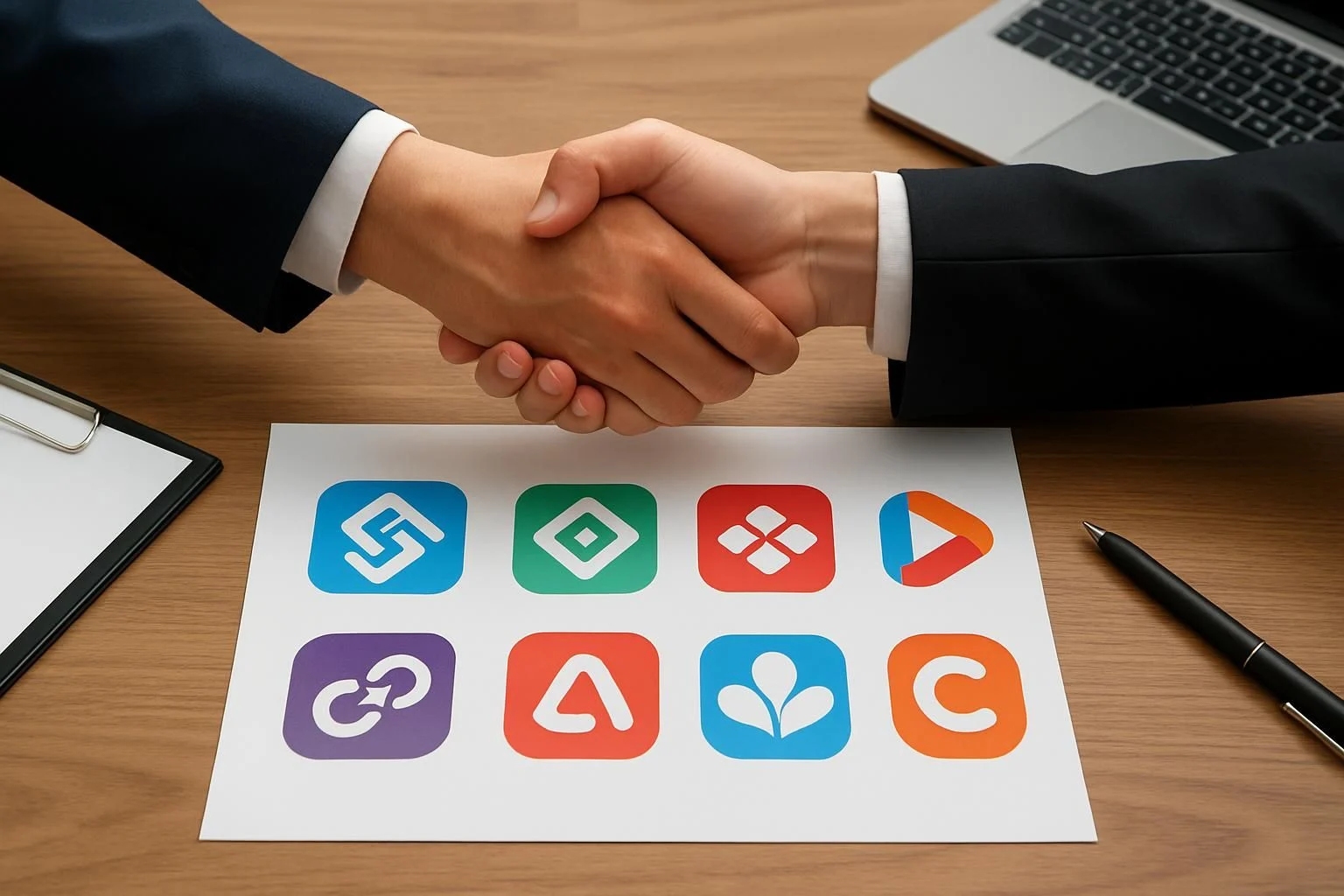 Two businesspeople shaking hands over a table with various affiliate platform logos displayed.