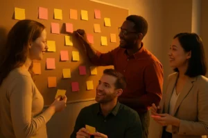 Teamleden brainstormen over het maatwerk software proces.